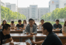 Students attending a lecture at a modern university classroom in China, with large windows showing a campus building and green trees outside.