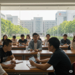 Students attending a lecture at a modern university classroom in China, with large windows showing a campus building and green trees outside.