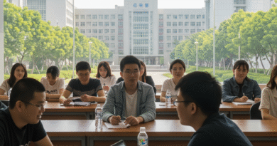 Students attending a lecture at a modern university classroom in China, with large windows showing a campus building and green trees outside.