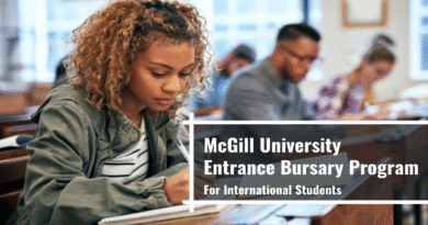 Female student writing in a classroom with text overlay: McGill University Entrance Bursary Program for International Students