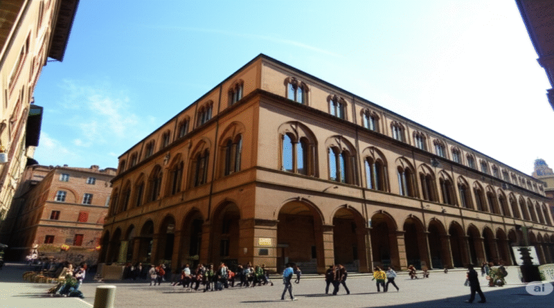 A large historic building with arched windows and colonnades, located in a European city square, with people walking and gathering around under a clear blue sky.