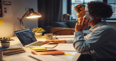 Focused student of African descent studying with headphones and a laptop, embodying the **Afrobeats study method** combining Pomodoro technique for ultimate productivity and GPA improvement. Ideal for 'student hacks' and 'effective study tips