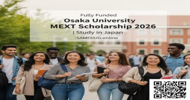 International students on Osaka University campus representing the MEXT Scholarship 2026 — a fully funded opportunity for undergraduate and graduate study in Japan, supported by the Japanese government and featured by SAMEDUG.