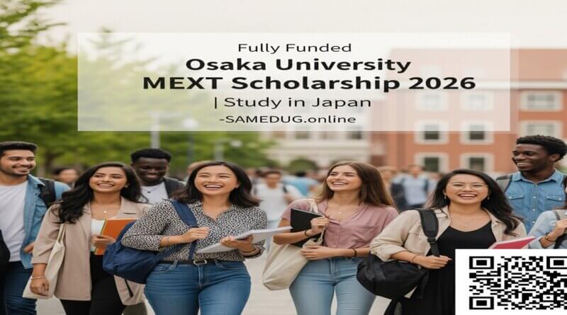 International students on Osaka University campus representing the MEXT Scholarship 2026 — a fully funded opportunity for undergraduate and graduate study in Japan, supported by the Japanese government and featured by SAMEDUG.