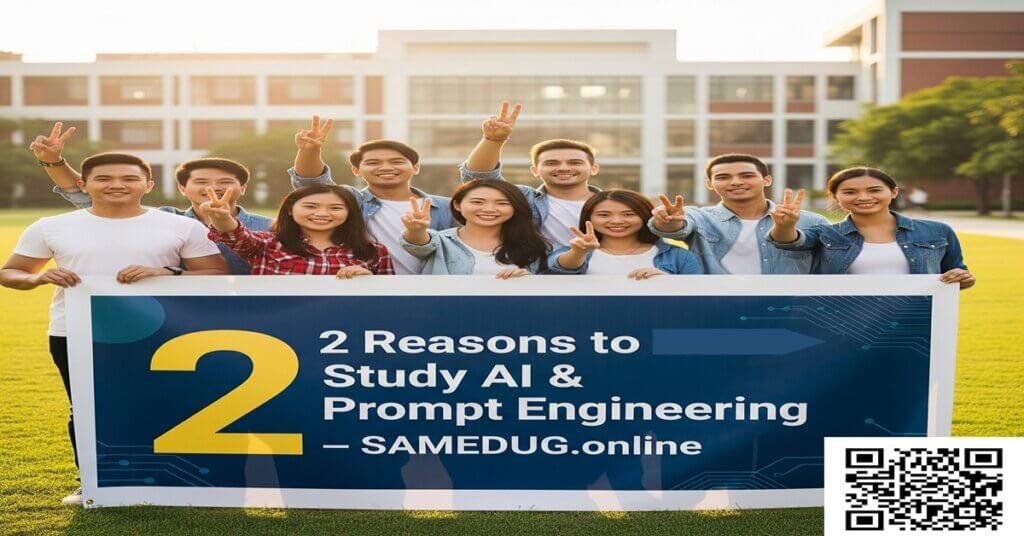 Students exploring prompt engineering and AI concepts in a modern university tech lab – Samedug study AI and prompt engineering blog feature