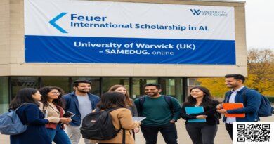 University of Warwick campus with AI theme overlay and SAMEDUG branding – Featured image for Feuer International Scholarship in AI 2026