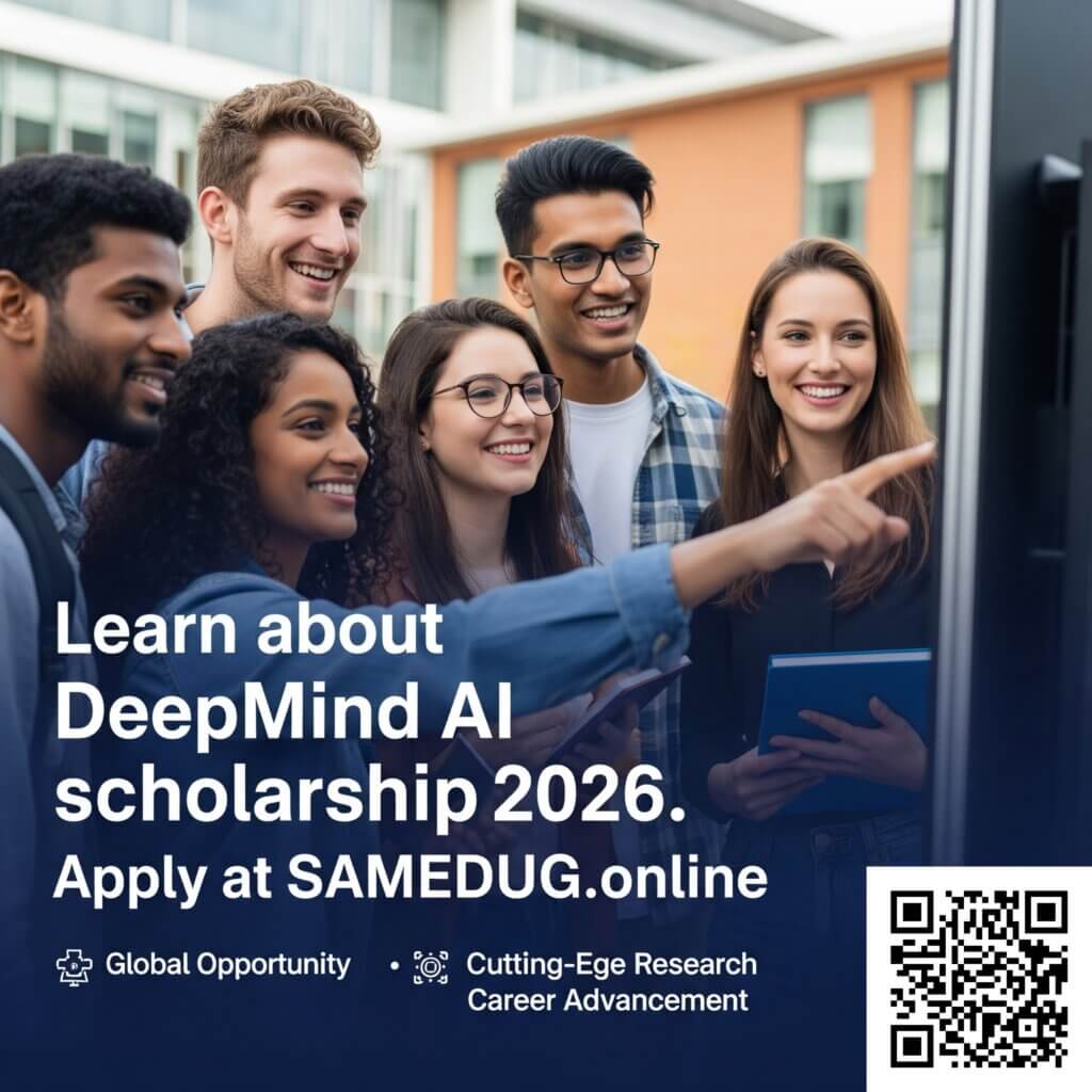 Global DeepMind AI Scholarship 2026 – diverse students working on AI project with SAMEDUG branding