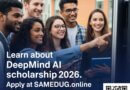 Global DeepMind AI Scholarship 2026 – diverse students working on AI project with SAMEDUG branding