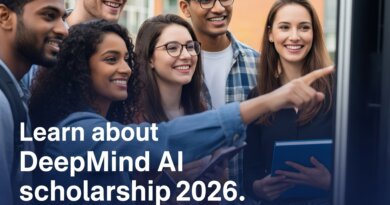 Global DeepMind AI Scholarship 2026 – diverse students working on AI project with SAMEDUG branding
