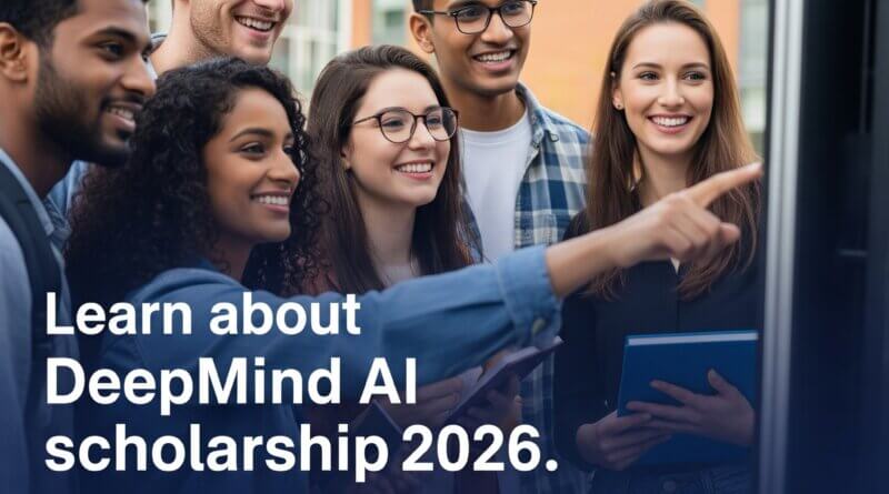 Global DeepMind AI Scholarship 2026 – diverse students working on AI project with SAMEDUG branding